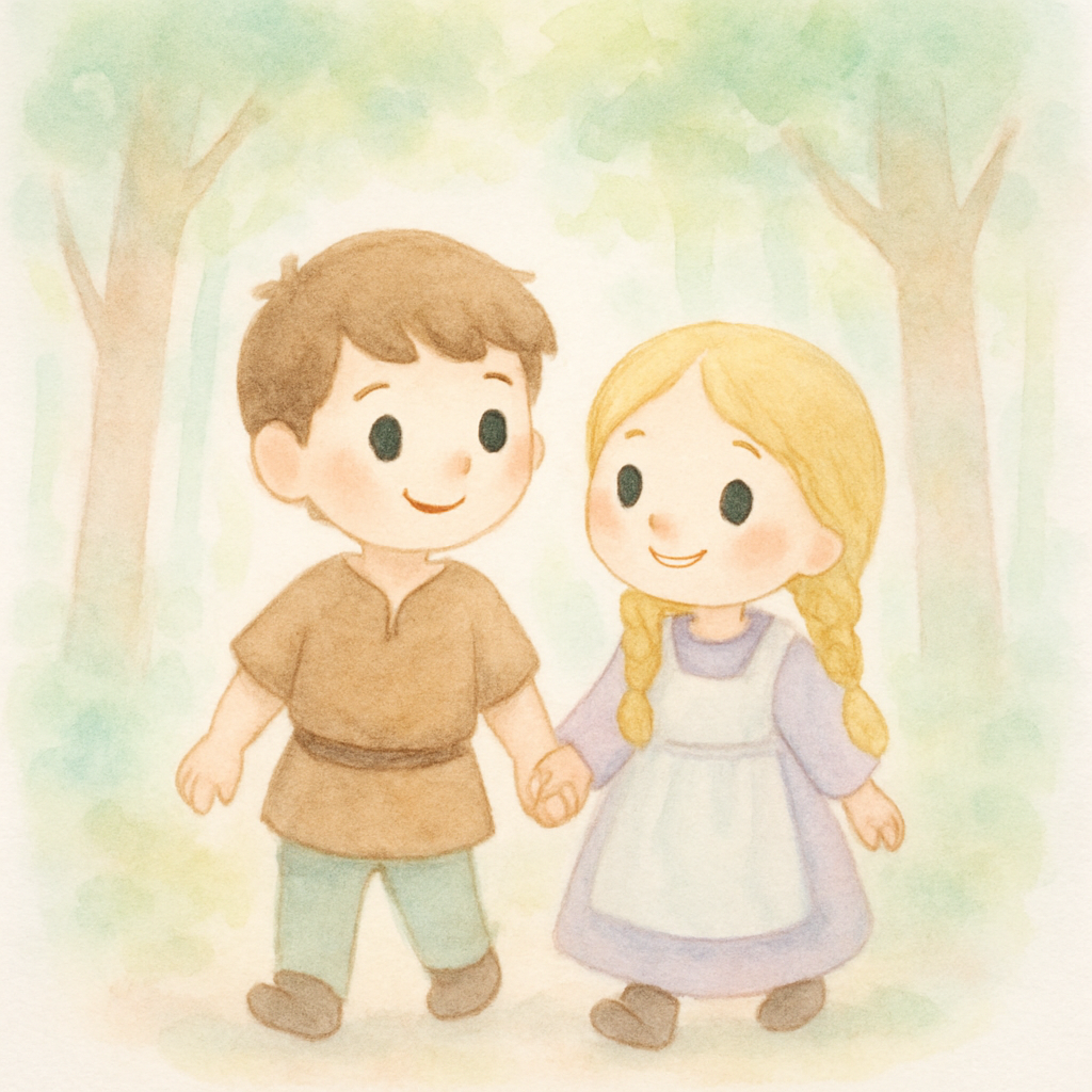 숲속을 신나게 산책하는 헨젤과 그레텔 남매